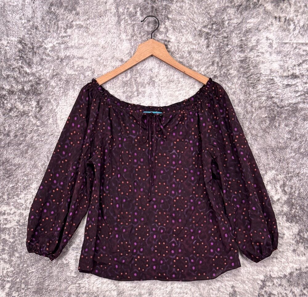 Alice + Olivia Blouse Small Womens Silk Red Purple Geometric Tie Front